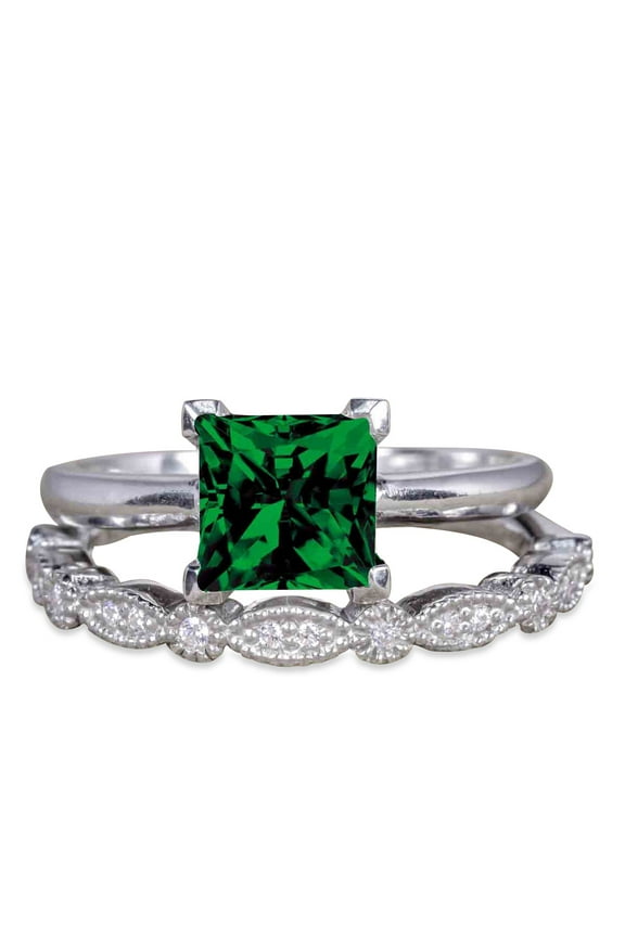 1.75 Carat Square Cut Ethiopian Emerald Handmade Wedding Ring Set in 18k White Gold over Silver