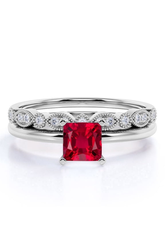 1.75 Carat Sunset Princess Cut Lab Created Ruby Wedding Ring Set - Bridal Ring Set - 18k White Gold over Silver