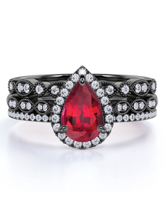 1.75 Carat Teardrop Vintage Simulated Ruby Trio Set in 18k Black Gold over Silver