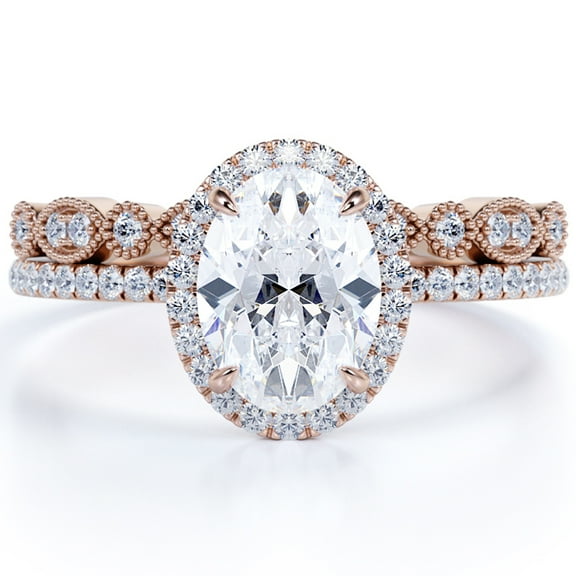 JeenMata 1.75 Carat antique art deco oval cut Moissanite Wedding Set in 18k Rose Gold Over Silver