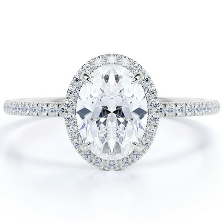 JeenMata 1.75 Carat oval cut Moissanite Halo Engagement Ring in 18k White Gold Over Silver