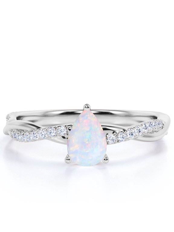1.75 Pear Shaped Welo Opal and Moissanite Twist Engagement Ring in 18K White Gold over Silver