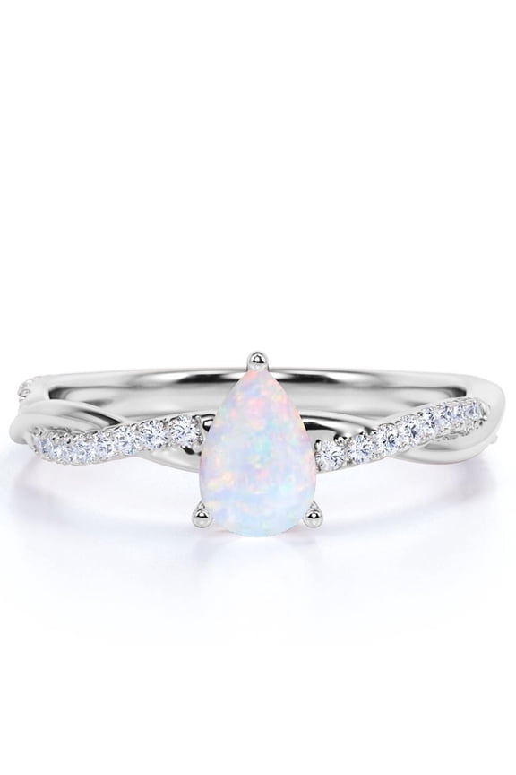 1.75 Pear Shaped Welo Opal and Moissanite Twist Engagement Ring in 18K White Gold over Silver