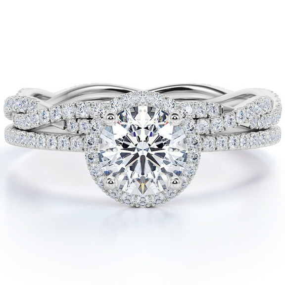 JeenMata 1.75 carat Round cut Moissanite Bridal Ring Set in 18k White Gold Over Silver