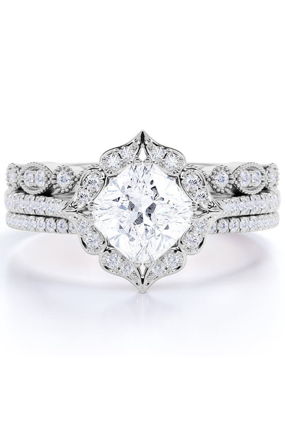 1.75 carat cushion cut Moissanite Halo Engagement Ring Trio Set in 18k White Gold Over Silver