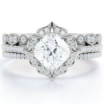 JeenMata 1.75 carat cushion cut Moissanite Halo Engagement Ring Trio Set in 18k White Gold Over Silver