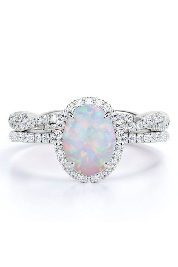 1.75 ct Antique Oval Cut Opal and Moissanite Wedding Ring Set in 18K White Gold over Silver