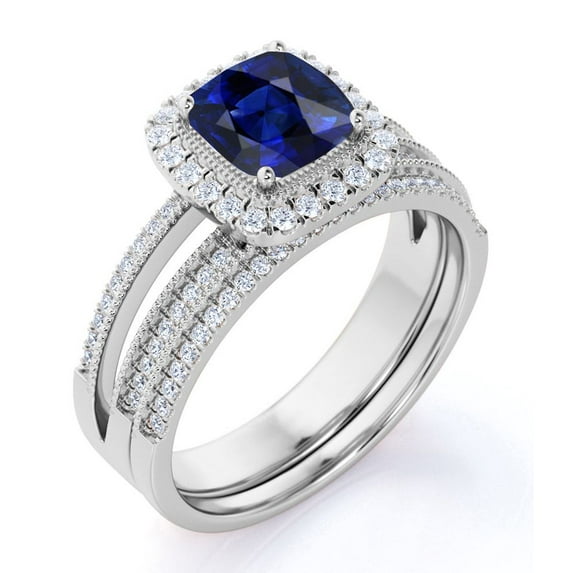 JeenMata 1.75 ct - Cushion Cut Cornflower Lab Created Blue Sapphire - Vintage - Halo - Lab Created Blue Sapphire Wedding Set - 18K White Gold over Silver