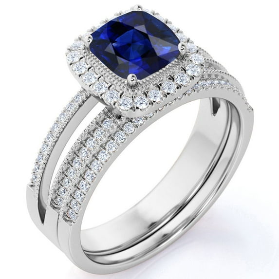 JeenMata 1.75 ct - Cushion Cut Cornflower Lab Created Blue Sapphire - Vintage - Halo - Lab Created Blue Sapphire Wedding Set - 18K White Gold over Silver