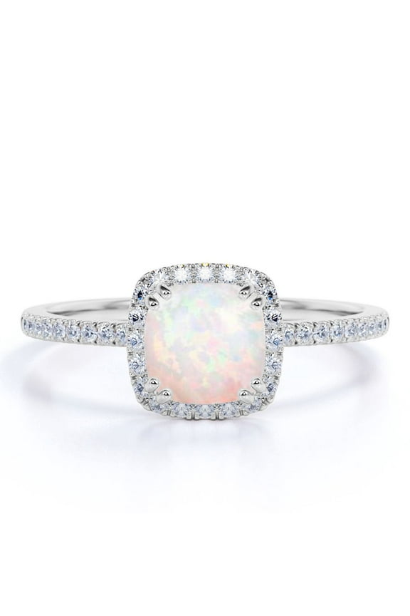 1.75 ct Cushion Cut Opal and Moissanite Halo Engagement Ring in 18k White Gold over Silver