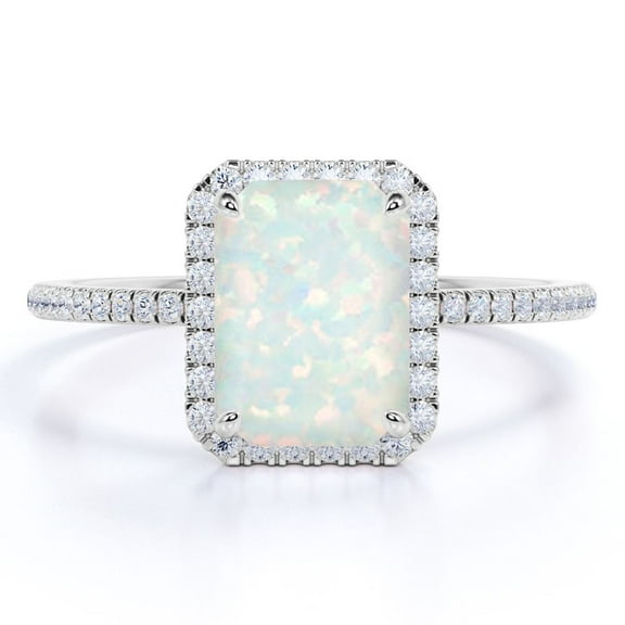 JeenMata 1.75 ct Emerald Cut Blue Opal Engagement Ring in 18k White Gold over Silver