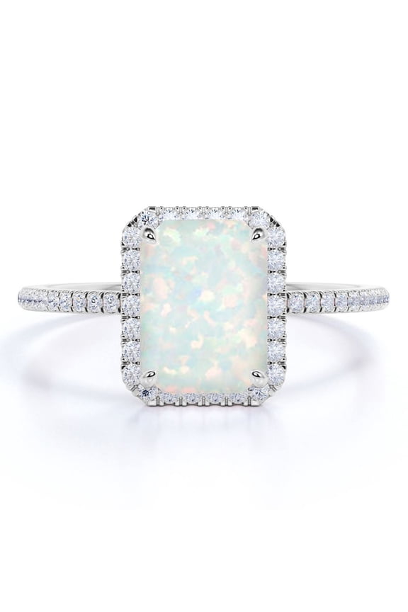 1.75 ct Emerald Cut Blue Opal Engagement Ring in 18k White Gold over Silver