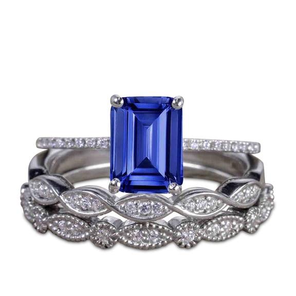 JeenMata 1.75 ct - Emerald Cut Lab Created Blue Sapphire Wedding Ring - Vintage Bridal Set - 18K White Gold over Silver