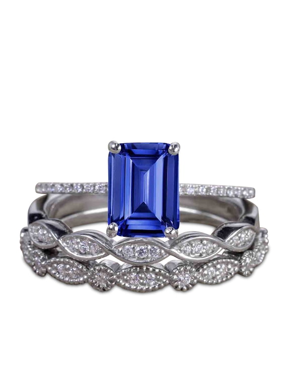 1.75 ct - Emerald Cut Lab Created Blue Sapphire Wedding Ring - Vintage Bridal Set - 18K White Gold over Silver