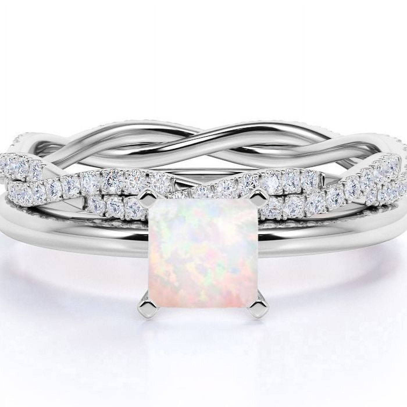 JeenMata 1.75 ct Genuine Princess Cut Opal and Moissanite Bridal Ring Set in 18K White Gold over Silver