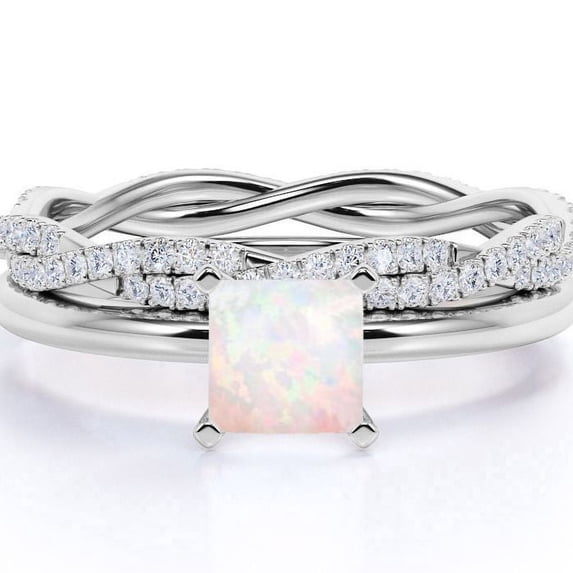 JeenMata 1.75 ct Genuine Princess Cut Opal and Moissanite Bridal Ring Set in 18K White Gold over Silver