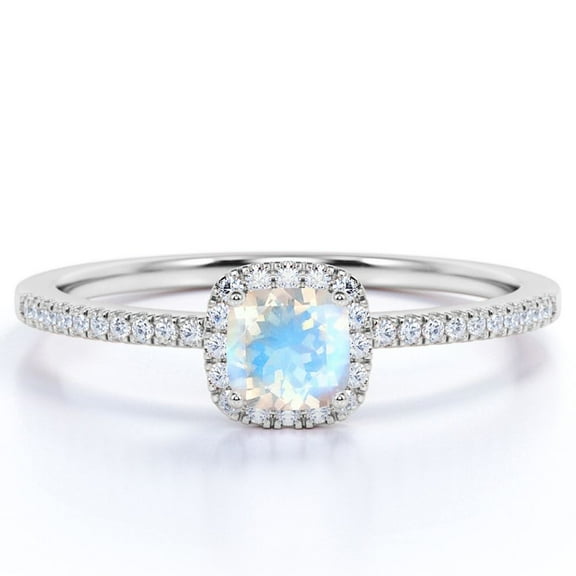 JeenMata 1.75 ct Genuine Rainbow Moonstone and Moissanite Cluster Halo Wedding Ring in 18K White Gold over Silver