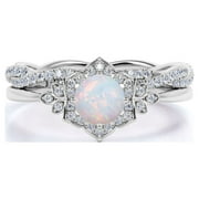 JeenMata 1.75 ct Genuine Round Blue Fire Opal and Moissanite Bridal Ring Set in 18K White Gold over Silver