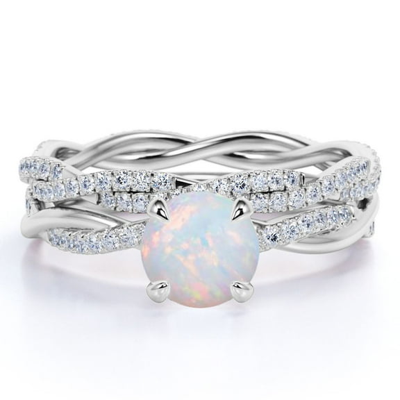 JeenMata 1.75 ct Genuine Round Opal and Moissanite Bridal Ring Set in 18K White Gold over Silver