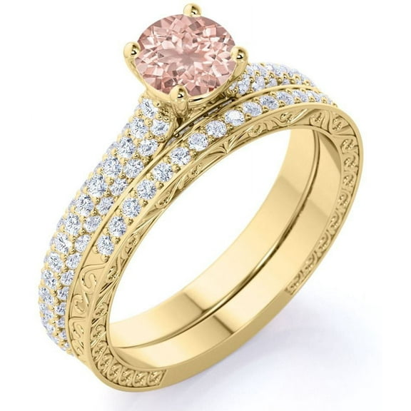 JeenMata 1.75 ct - Genuine Round Soft Pink created morganite - Antique - Victorian - Vintage Wedding Ring Set - 18K Yellow Gold over Silver