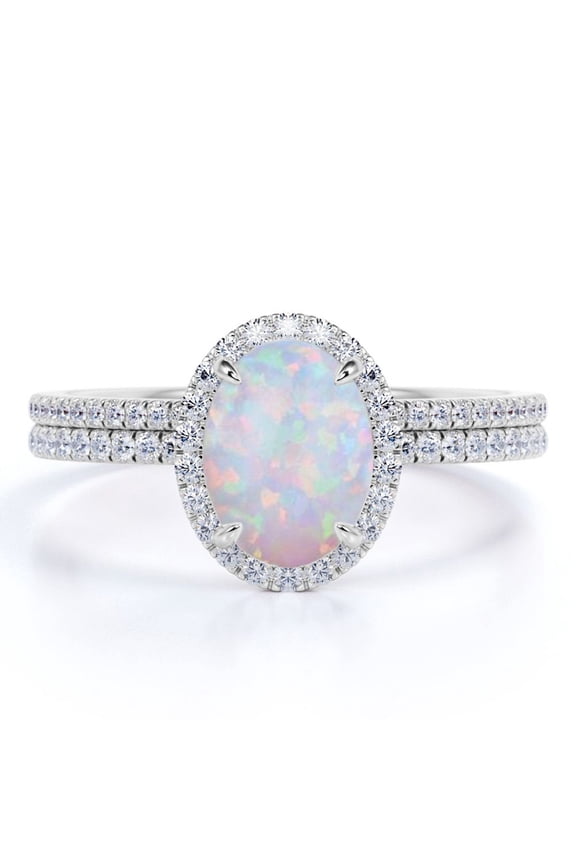 1.75 ct Halo Oval Cut Opal and Moissanite Antique Wedding Ring Set in 18K White Gold over Silver