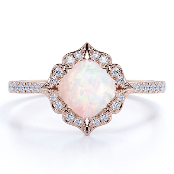 JeenMata 1.75 ct Princess Blue Opal and Moissanite Twist Shank Promise Ring in 18K Rose Gold over Silver