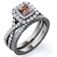 thumbnail image 1 of JeenMata 1.25 CT - Princess Cut - Champagne created morganite - Double Halo - Twisted Band - Vintage Inspired - Wedding Ring Set in 18K Black Gold over Silver, 1 of 8
