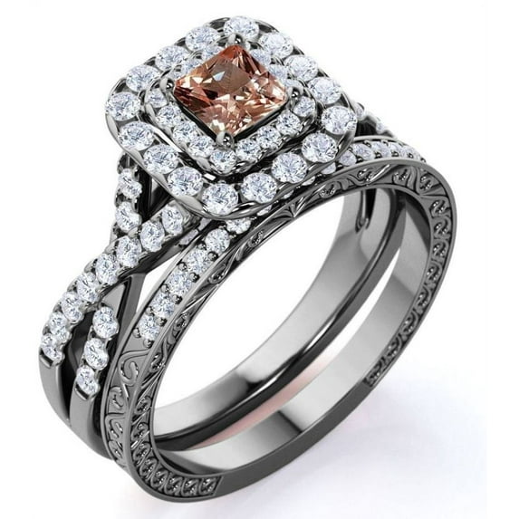 JeenMata 1.25 CT - Princess Cut - Champagne created morganite - Double Halo - Twisted Band - Vintage Inspired - Wedding Ring Set in 18K Black Gold over Silver