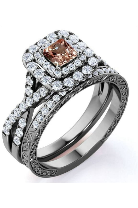 1.25 CT - Princess Cut - Champagne created morganite - Double Halo - Twisted Band - Vintage Inspired - Wedding Ring Set in 18K Black Gold over Silver