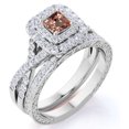 thumbnail image 1 of JeenMata 1.25 CT - Princess Cut - Champagne created morganite - Double Halo - Twisted Band - Vintage Inspired - Wedding Ring Set in 18K White Gold over Silver, 1 of 8