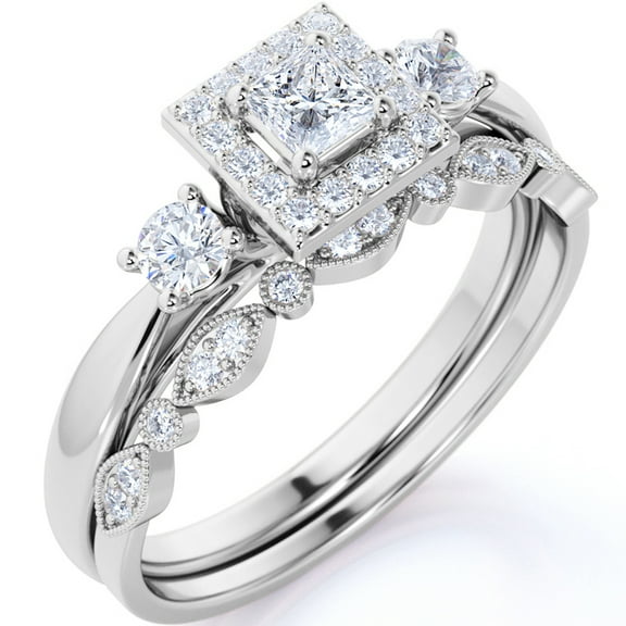 JeenMata 1.5 ct Princess Cut Moissanite - 3 Stone Art Deco - Halo Ring & Scalloped Band - Vintage Wedding Ring Set in 18K White Gold Plating for Women