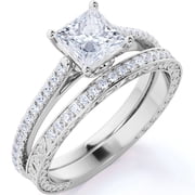 JeenMata Lab Grown Diamond Princess Cut Solitaire Engagement Ring 10K White Gold Engraved Moissanite Wedding Ring Set for Women Adult