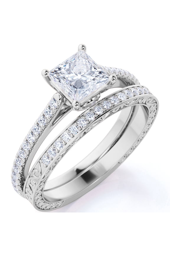 1.75 ct - Princess Cut Moissanite - Pave Band - Simple Antique Engagement Ring Set - 18K White Gold over Silver