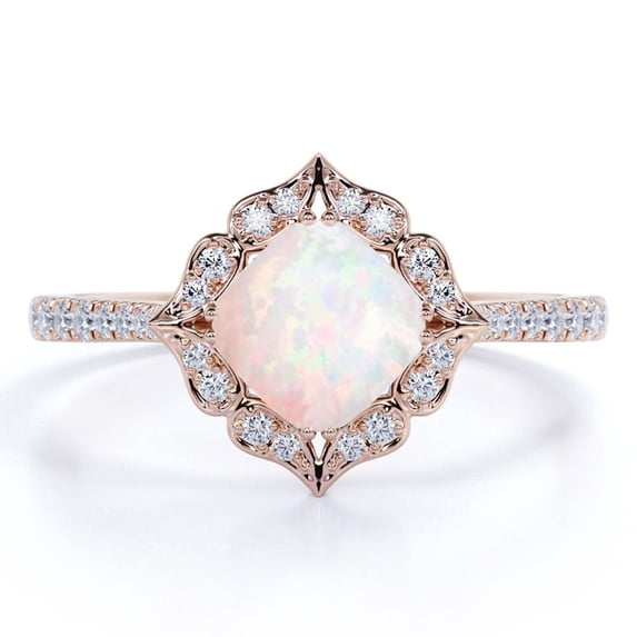 JeenMata 1.5 ct Princess Natural Opal and Moissanite Scalloped Wedding Ring in 18K Rose Gold over Silver