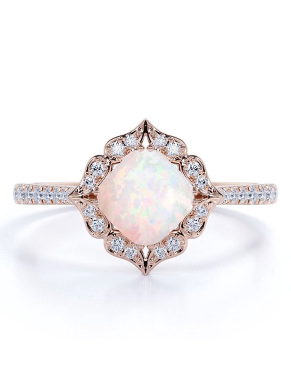 1.5 ct Princess Natural Opal and Moissanite Scalloped Wedding Ring in 18K Rose Gold over Silver