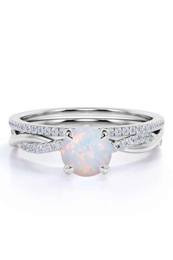 1.75 ct Real Round Opal and Moissanite Bridal Ring Set in 18K White Gold over Silver