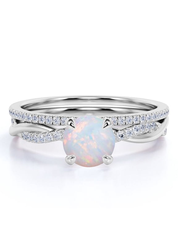 1.75 ct Real Round Opal and Moissanite Bridal Ring Set in 18K White Gold over Silver