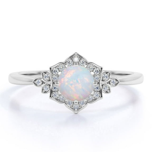 JeenMata 1.75 ct Round Cut Opal and Moissanite Nature Inspired Promise Ring in 18k White Gold over Silver