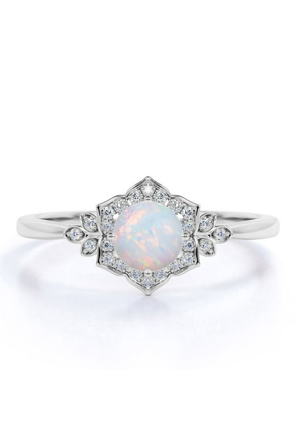 1.75 ct Round Cut Opal and Moissanite Nature Inspired Promise Ring in 18k White Gold over Silver