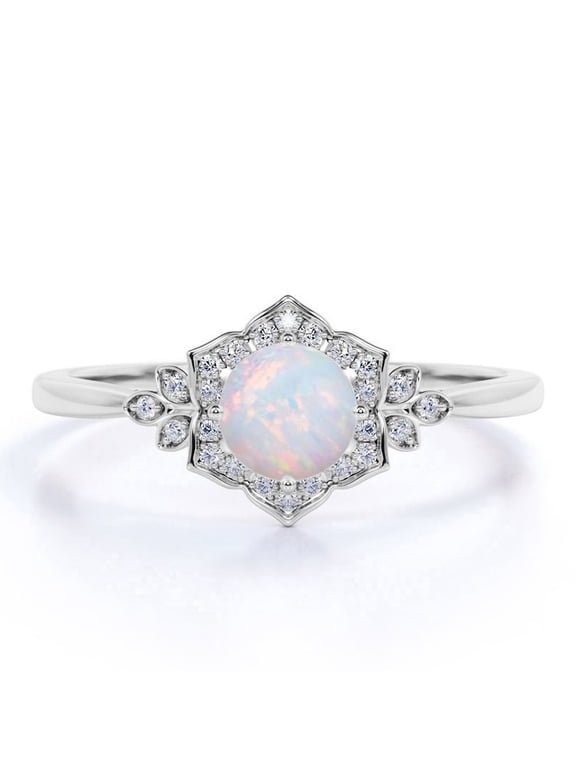 1.75 ct Round Cut Lab Created Opal and Moissanite Nature Inspired Promise Ring in 18k White Gold over Silver