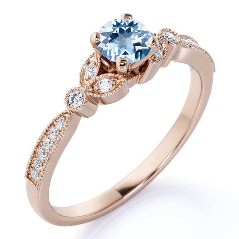 JeenMata 1.75 ct Round Lab Created Aquamarine Ring March Birthstone Vintage Engagement Ring 18K Rose Gold Over Silver