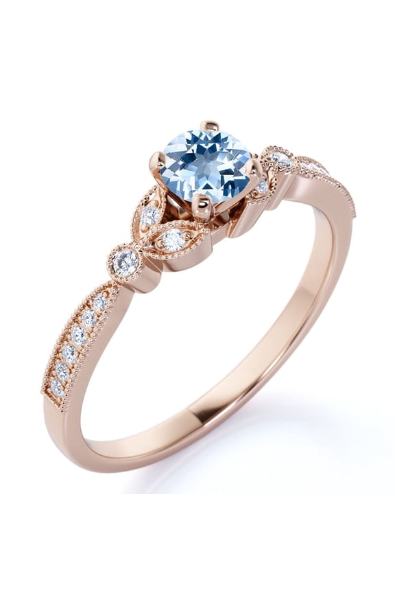 1 ct - Round Lab Created Aquamarine Ring - March Birthstone - Vintage Engagement Ring - 18K Rose Gold Over Silver