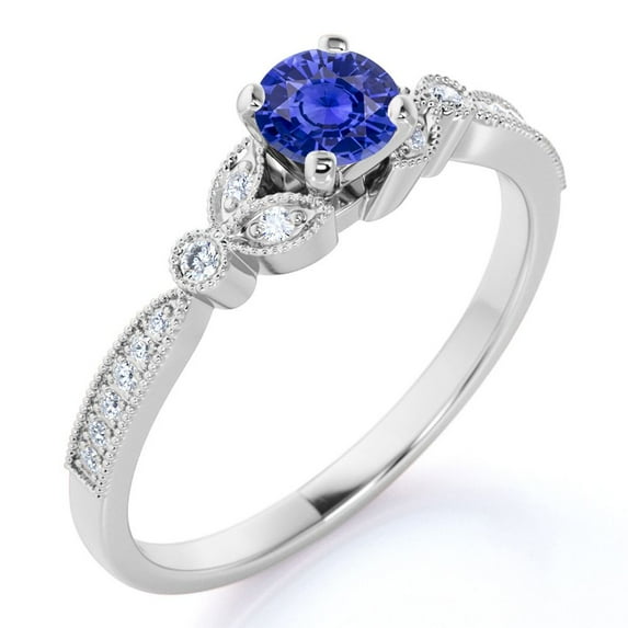 JeenMata 1.75 ct - Round Lab Created Blue Sapphire Ring - September Birthstone - Vintage Engagement Ring - 18K White Gold Over Silver -