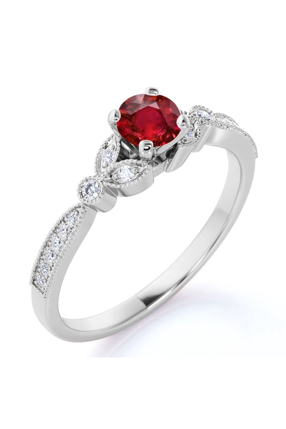 1 ct - Round Red Ruby Ring - July Birthstone - Vintage Engagement Ring - 18K White Gold Over Silver