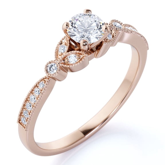 JeenMata 1 ct - Round Moissanite Ring - April Birthstone - Milgrain Ring - Vintage Engagement Ring - 18K Rose Gold Over Silver