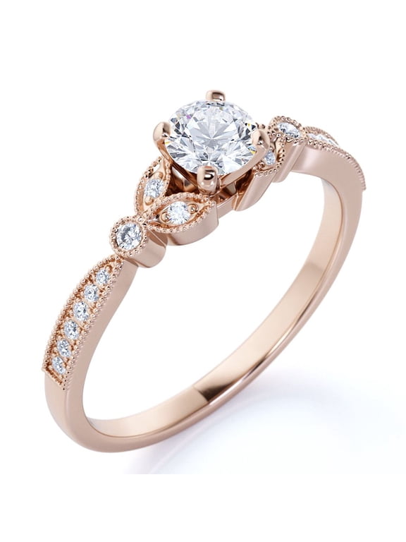 1 ct - Round Moissanite Ring - April Birthstone - Milgrain Ring - Vintage Engagement Ring - 18K Rose Gold Over Silver