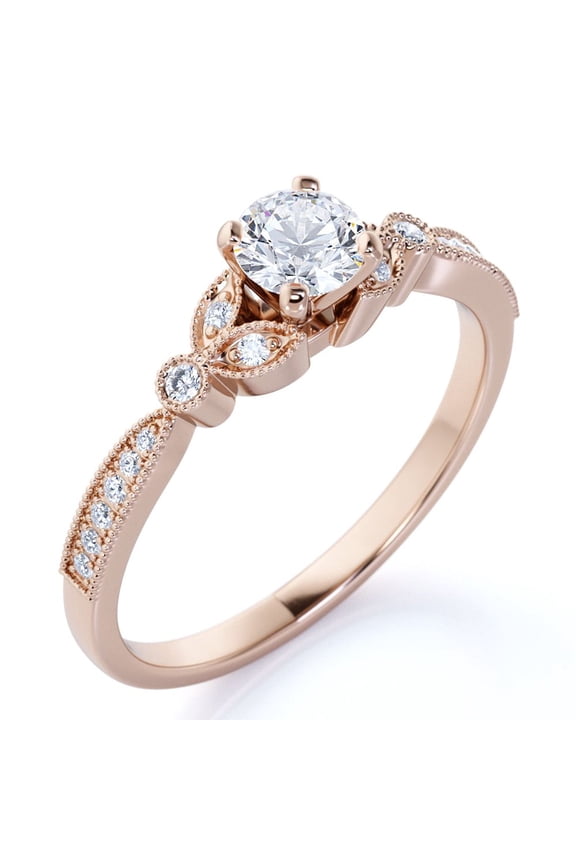 1 ct - Round Moissanite Ring - April Birthstone - Milgrain Ring - Vintage Engagement Ring - 18K Rose Gold Over Silver