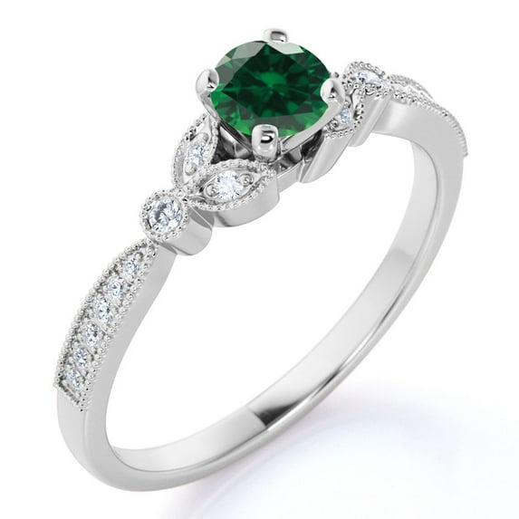 JeenMata 1 ct - Round Natural Dark Green Emerald Ring - May Birthstone - Vintage Engagement Ring - 18K White Gold Over Silver