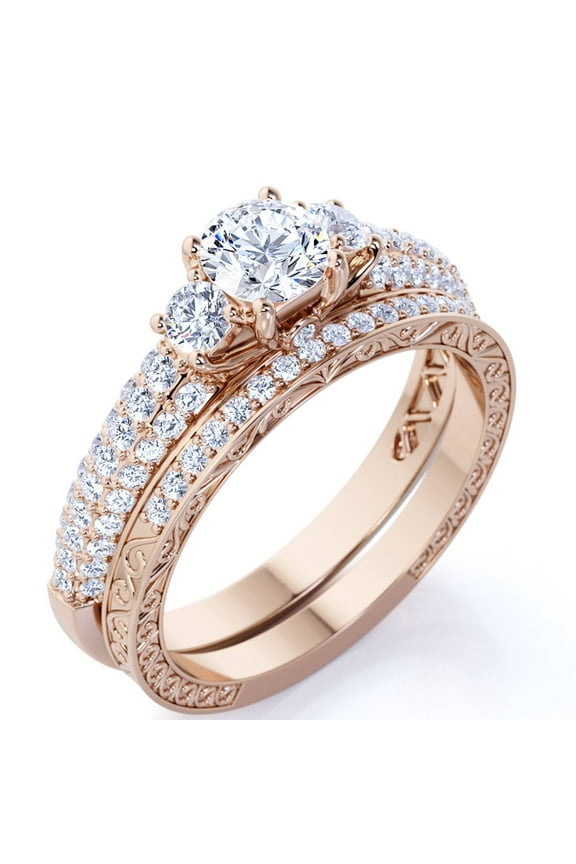 1.75 ct - Round Real 3 Stone Diamond - Past Present Future Ring - Victorian - Vintage Wedding Ring Set - 10K Rose Gold