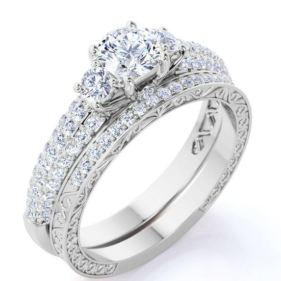 JeenMata 1.75 ct - Round Real 3 Stone Diamond - Past Present Future Ring - Victorian - Vintage Wedding Ring Set - 10K White Gold